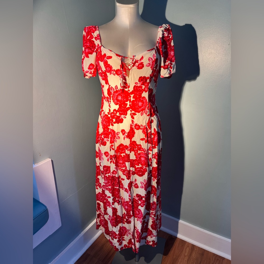 Stradivarius Red and Cream Floral Midi Dress